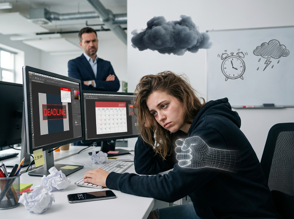 Μια νεαρή γραφίστρια νιώθει συντριπτική πίεση και άγχος στο γραφείο της, με αδύνατες προθεσμίες και επικριτικό επικεφαλής, ενώ εμφανίζει σωματικά συμπτώματα άγχους.