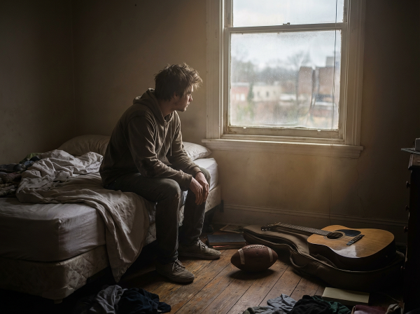 Ένας νεαρός άντρας μέσα σε ένα σκοτεινό δωμάτιο κοιτάζει ένα θολό και απομακρυσμένο εξωτερικό κόσμο μέσα από ένα παχύ τζάμι, ενώ τα παλιά του ενδιαφέροντα παραμερίζονται στο πάτωμα.