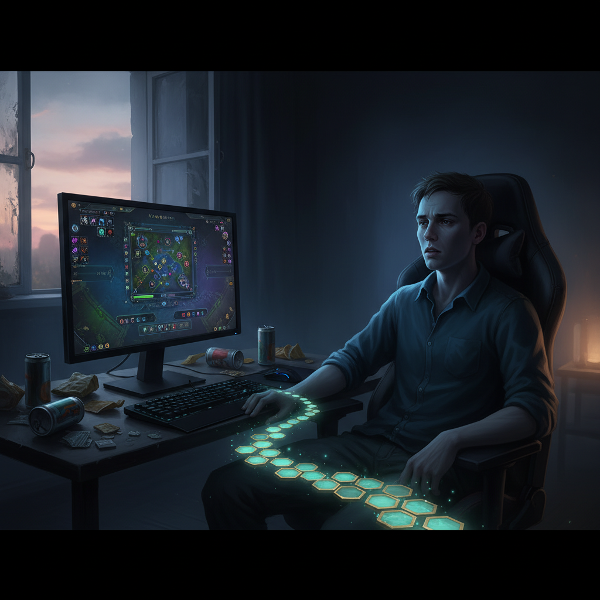 Ένας νεαρός άνδρας απομονωμένος στο φως μιας οθόνης παιχνιδιού, ενώ μια αμυδρή διαδρομή υποδηλώνει μια δυνατότητα για έξοδο και αυτοανακάλυψη.