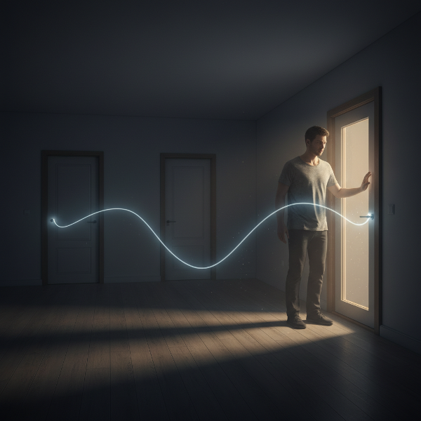 Μια εικόνα που απεικονίζει έναν νέο άνδρα να αντιμετωπίζει την εμμονή του με την αφή πόρτων, σε ένα σπίτι όπου μια λυτρωτική λάμψη υποδηλώνει ελπίδα.