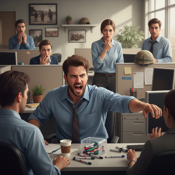 Ένας νεαρός άνδρας σε γραφείο αντιδρά εκρηκτικά όταν ένας συνάδελφος ρίχνει μαρκαδόρους, αποκαλύπτοντας ένταση και υπερεγρήγορση που προέρχεται από στρατιωτική θητεία.