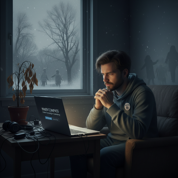 Ένας νέος άνδρας σε ένα σκοτεινό δωμάτιο, με έναν φορητό υπολογιστή που δείχνει έναν ιστότοπο ψυχολογικής υποστήριξης. Ο χειμωνιάτικος καιρός έξω, μαζί με σύμβολα κούρασης και τραύματος, απεικονίζουν την κατάθλιψη, την απάθεια και τις πολλαπλές πιέσεις που περιγράφει.