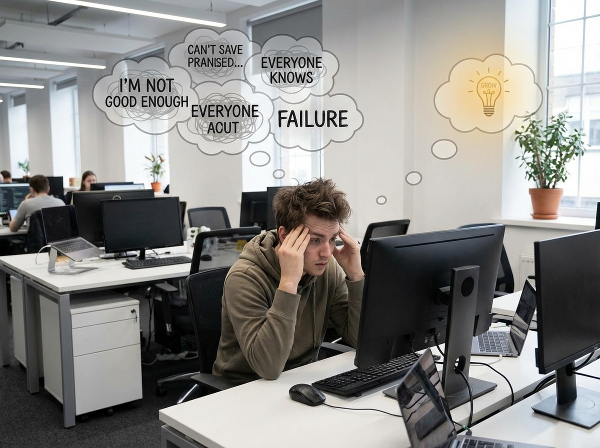 Ένας νεαρός άνδρας σε γραφείο τεχνολογίας φαίνεται ανήσυχος, με φυσαλίδες σκέψης που δείχνουν αρνητική αυτοαμφισβήτηση και ένα αμυδρό, ελπιδοφόρο φως που συμβολίζει την επαναδόμηση της αυτοπεποίθησης.