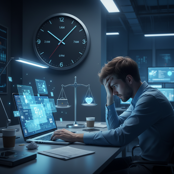 Μια εικόνα που απεικονίζει έναν νέο επαγγελματία τεχνολογίας που αντιμετωπίζει εξουθένωση και ανασφάλεια, αναζητώντας ισορροπία και νόημα στη δουλειά του.