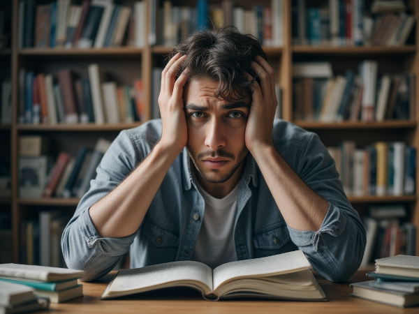 Ένας 18χρονος φοιτητής στη βιβλιοθήκη, που αισθάνεται εσωτερική ένταση και ευερεθιστότητα, προσπαθώντας να κατανοήσει και να ηρεμήσει τα συναισθήματά του.