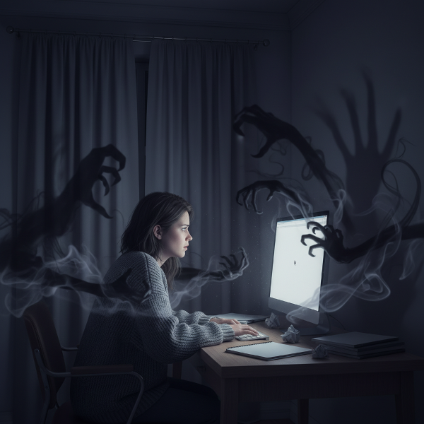 Μια νεαρή γυναίκα κοιτάζει με άγχος μια λευκή οθόνη υπολογιστή, με ένα αναβοσβήνοντα κέρσορα, ενώ σκιές φόβου την περιβάλλουν, απεικονίζοντας το συγγραφικό μπλοκ και την εσωτερική πίεση.
