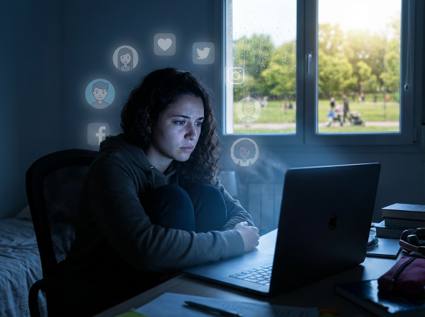 Μια νεαρή γυναίκα σε ένα δωμάτιο με μπλε φως από οθόνη υπολογιστή, με ψηφιακά εικονίδια να την περιβάλλουν, ενώ έξω από το παράθυρο υπάρχει ένα ζωντανό πάρκο σε αντίθεση με την απομόνωσή της.