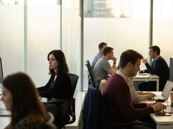 Μια νεαρή γυναίκα νιώθει μοναξιά σε ένα γραφείο, παρόλο που είναι γύρω της άνθρωποι. Η εικόνα μεταφέρει μια αίσθηση εσωτερικής απομόνωσης μέσα σε ένα κοινωνικό περιβάλλον.