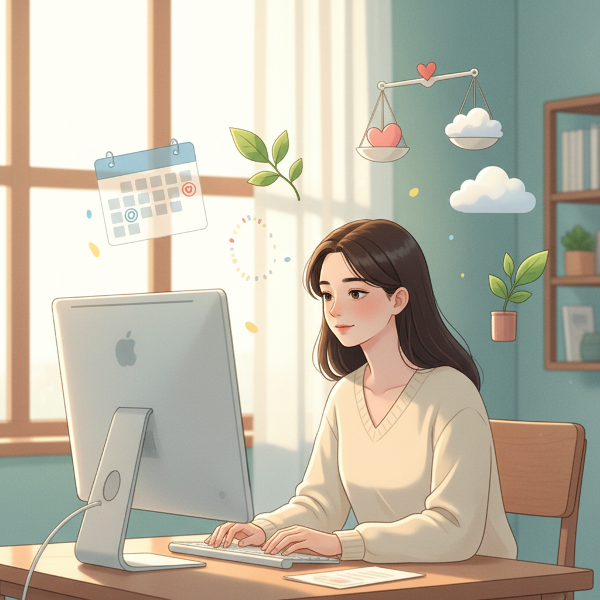 Μια νεαρή γυναίκα σε έναν ήρεμο χώρο, συμβολικά περιτριγυρισμένη από στοιχεία που αντιπροσωπεύουν την κυκλικότητα, τη συναισθηματική δυσφορία και την αναζήτηση ισορροπίας.