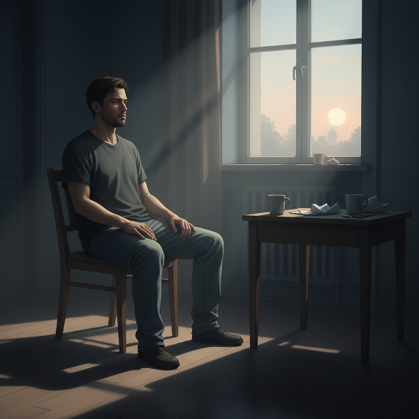 Un hombre joven, consultor psicológico, muestra apatía profunda en su hogar al amanecer, simbolizando la pérdida de motivación y conexión.