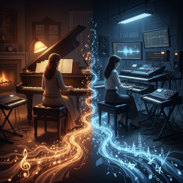 Una mujer contempla su piano, iluminado por dos luces que simbolizan su pasión personal y su trabajo terapéutico, con la música fluyendo de manera dual.