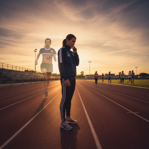 Una entrenadora en una pista de atletismo al atardecer, contemplando su pasado y su presente, con la sombra de su yo atleta proyectada.
