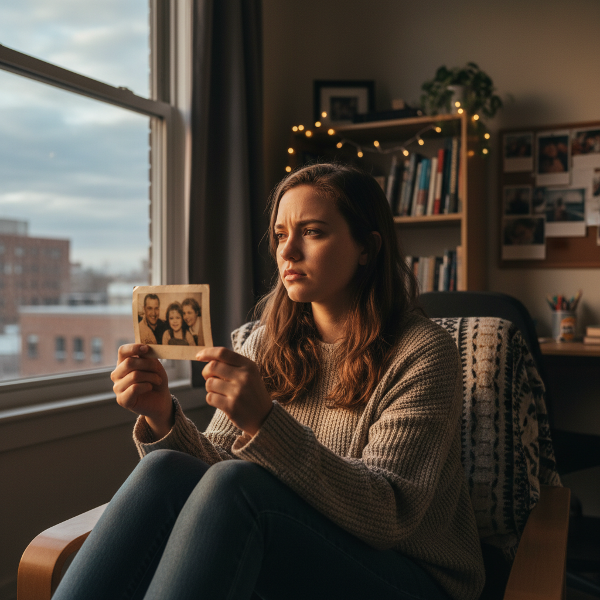 Una estudiante universitaria reflexiona sobre sus orígenes biológicos en la intimidad de su dormitorio, rodeada de libros y recuerdos.