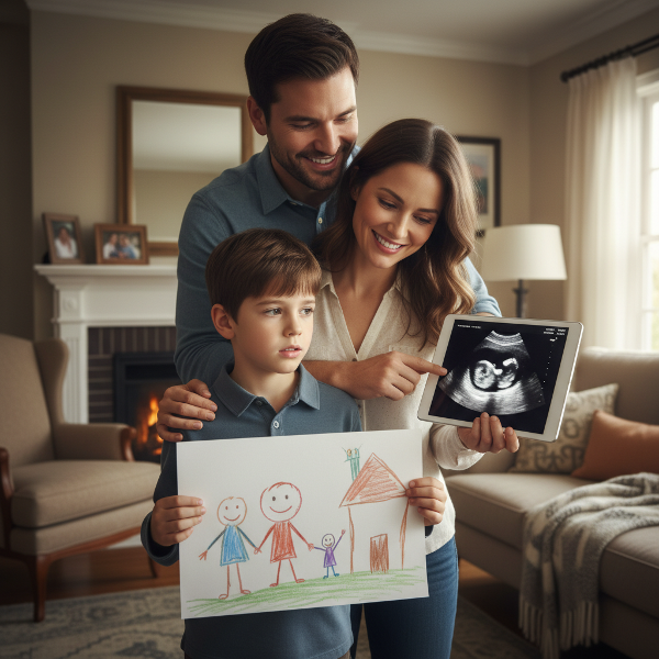 Ilustración emotiva de una familia adoptiva preparándose para la llegada de un bebé biológico, mostrando el apoyo y la contención hacia el niño mayor.