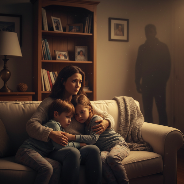 Una madre consuela a sus hijos adoptivos en un ambiente hogareño que refleja tensión emocional y la ausencia paterna.