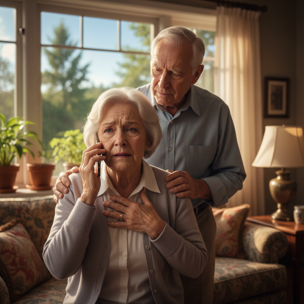 Una mujer mayor de 63 años muestra ansiedad en su hogar, con su esposo a su lado, reflejando su lucha interna entre el miedo y sus responsabilidades familiares.