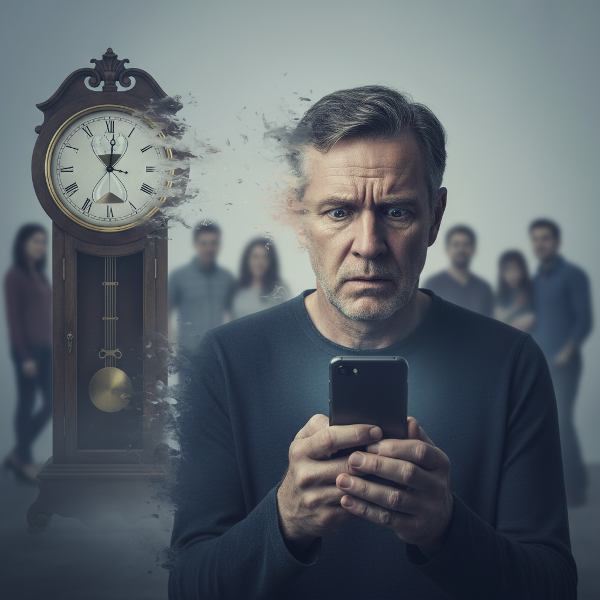 Un hombre mayor, con expresión de preocupación, absorto en la pantalla de su teléfono mientras su familia y el tiempo parecen desvanecerse a su alrededor.
