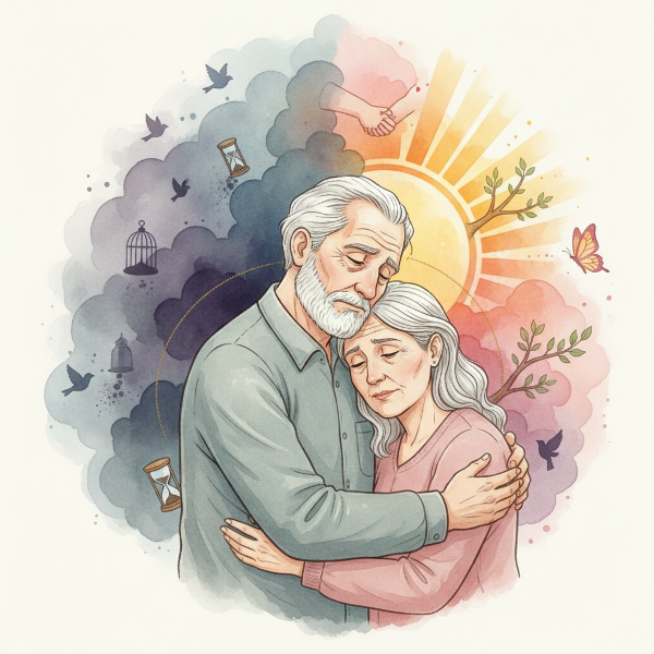 Un hombre de 61 años abraza a su esposa; al fondo, reloj y corazón partido, con luz de apoyo.