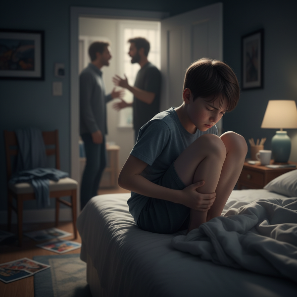 Un niño angustiado en su cama, con expresión de dolor, mientras sombras de figuras adultas discuten en la puerta entreabierta, simbolizando cómo el conflicto familiar se transforma en síntomas físicos.
