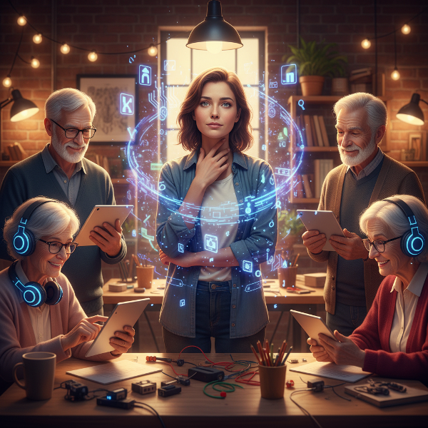 Una facilitadora en un taller digital para adultos mayores, mostrando una tensión emocional sutil mientras interactúa con tecnología y participantes.