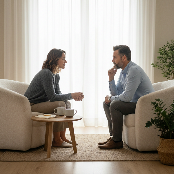 Una pareja adulta teniendo una conversación respetuosa y profunda en un ambiente sereno, simbolizando comunicación efectiva y conexión emocional.