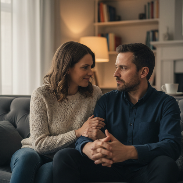 Una pareja conversando con empatía en su hogar, ilustrando conexión emocional y el desafío de sincronizar diferentes necesidades íntimas.