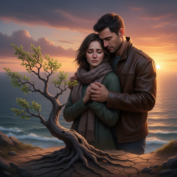 Una pareja se consuela mutuamente al atardecer, representando fortaleza emocional y la búsqueda de nuevas esperanzas tras el duelo por infertilidad.