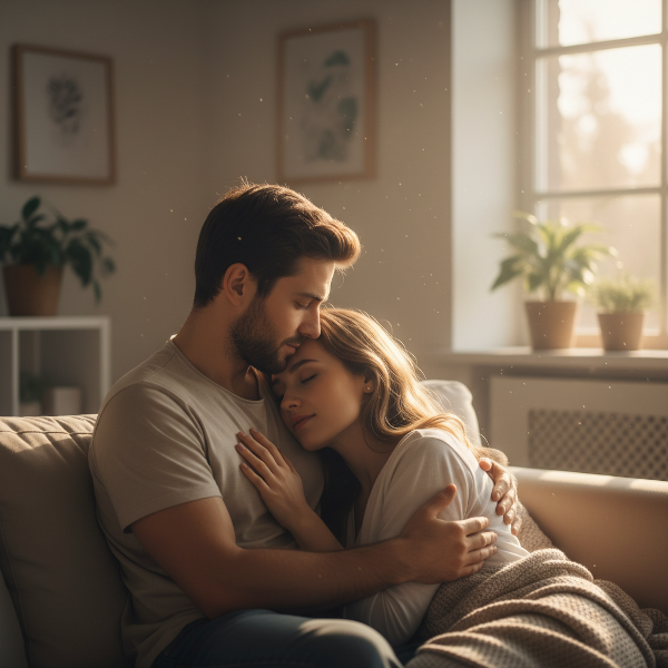 Pareja abrazándose con ternura en un ambiente sereno y cálido.