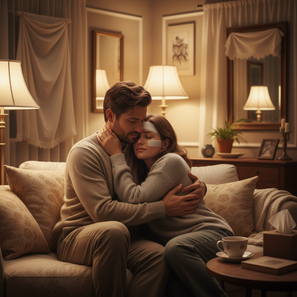 Una pareja se abraza con ternura en un ambiente acogedor, donde los espejos están cubiertos, simbolizando el apoyo y la aceptación tras un accidente que dejó cicatrices visibles.