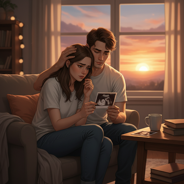 Una pareja en un momento íntimo de tensión y conexión, rodeada de la promesa de una nueva vida y el peso de los miedos pasados.