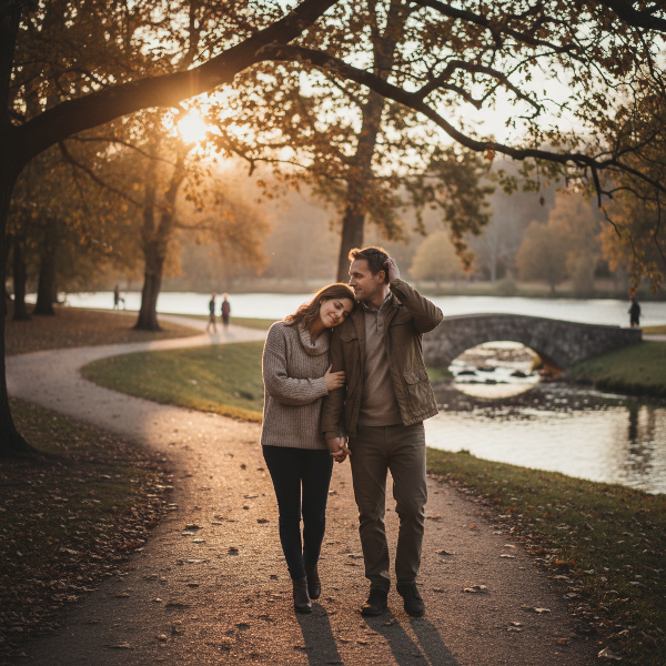 Una pareja dando un paseo tranquilo en un parque, reconectando emocionalmente con una comunicación calmada y comprensiva.