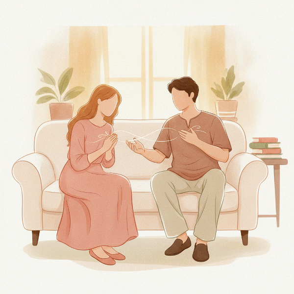 Pareja en un sofá, conversando con empatía y cercanía, iluminación cálida, ambiente acogedor, sin mostrar expresiones faciales detalladas.