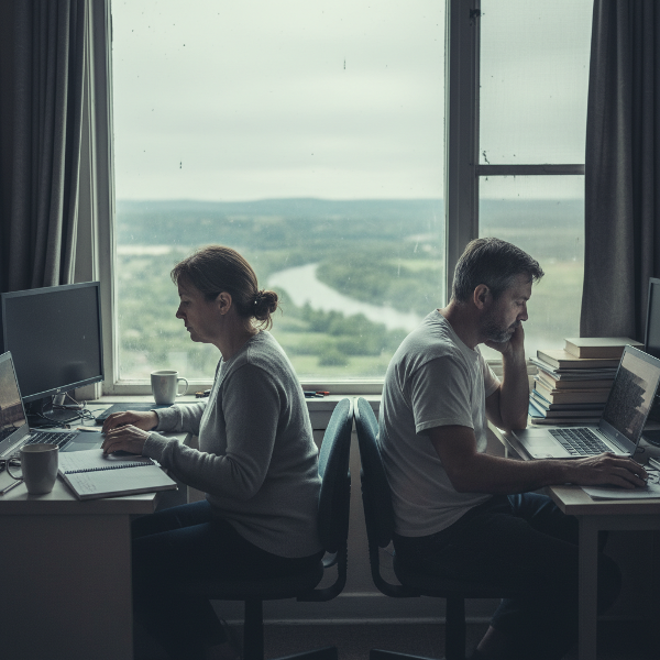 Una pareja en su hogar, atrapada en la rutina del trabajo remoto, con expresiones de cansancio y deseo de recuperar la chispa íntima.
