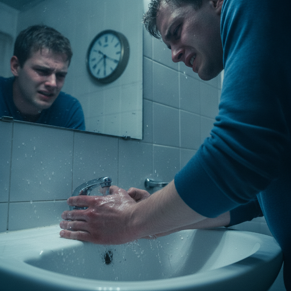 Hombre joven mirando sus manos agrietadas sobre un lavabo con agua corriendo, reloj en la pared y expresión angustiada, ambiente de baño con luz fría.