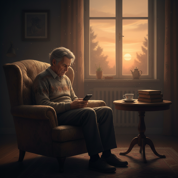 Un hombre mayor reflexiona en soledad en su hogar al atardecer, simbolizando aislamiento y la búsqueda de conexión.