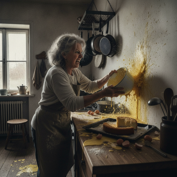 Mujer mayor iracunda en la cocina tras arruinar un pastel.