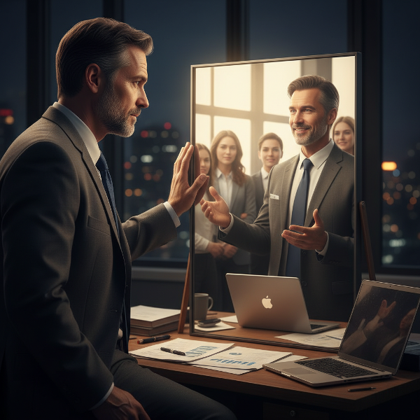 Un directivo reflexiona ante un espejo, donde su reflejo muestra una versión más plena de sí mismo como guía para otros.