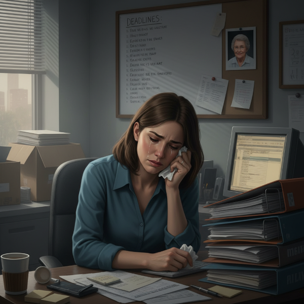 Una mujer profesional exhausta, con expresión de angustia, en su lugar de trabajo, simbolizando el agotamiento extremo y la sobrecarga de responsabilidades laborales y familiares.