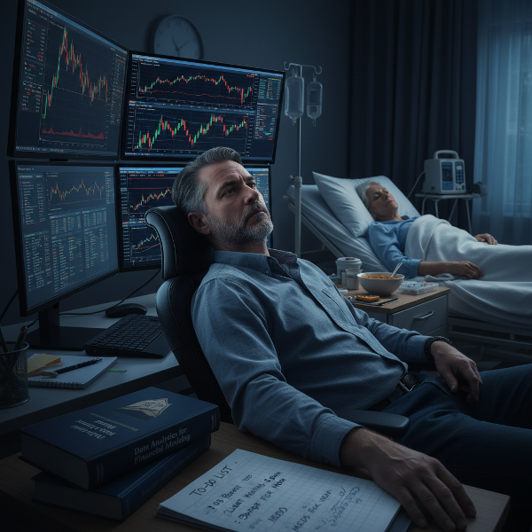 Un profesional agotado, atrapado entre las demandas laborales digitales y las responsabilidades del cuidado familiar en un entorno doméstico.