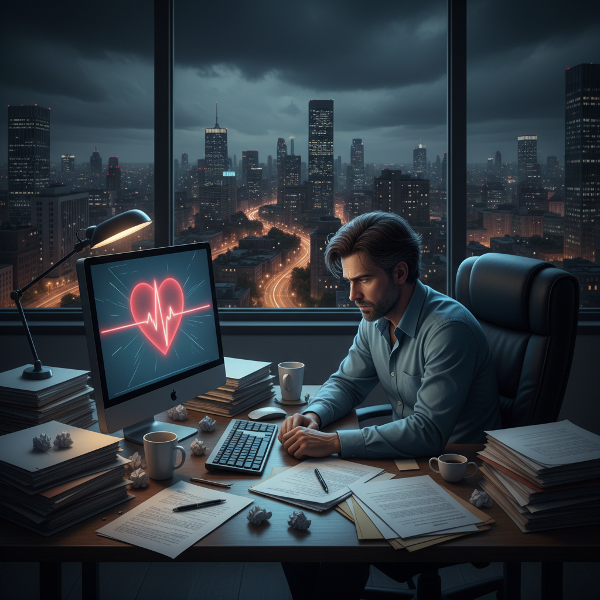Un diseñador freelance de 35 años, abrumado por el estrés de un proceso de maternidad subrogada, trabajando de noche con signos de agotamiento físico y mental.