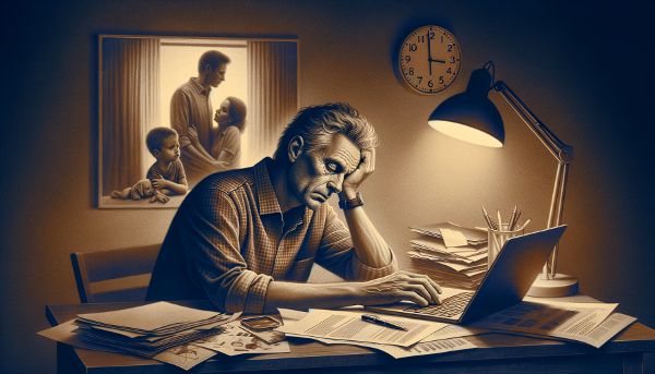 Un hombre agotado en su escritorio de trabajo, con una imagen familiar difusa al fondo, representando estrés crónico y desconexión.