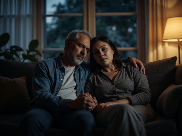 Una pareja de mediana edad, agotada pero conectada, sentada junta en un sofá al atardecer, sosteniendo sus manos.