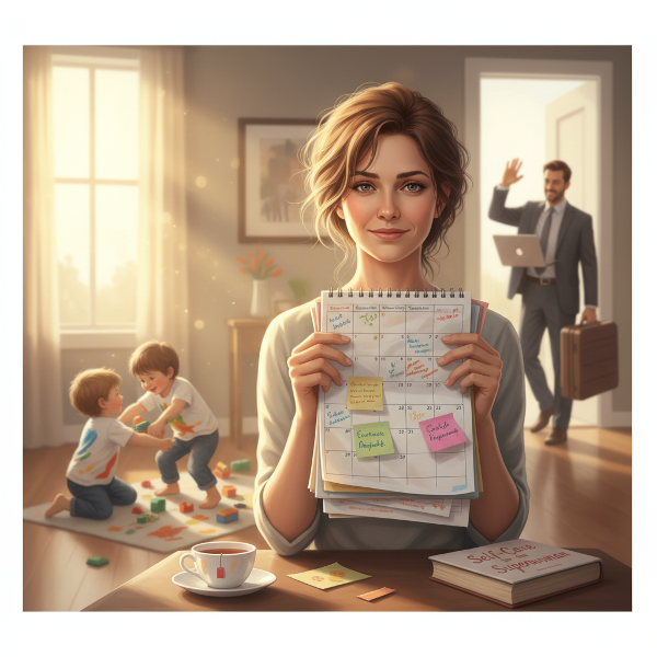 Una madre abrumada rodeada de responsabilidades domésticas, con elementos que simbolizan la carga y la posibilidad de cambio.