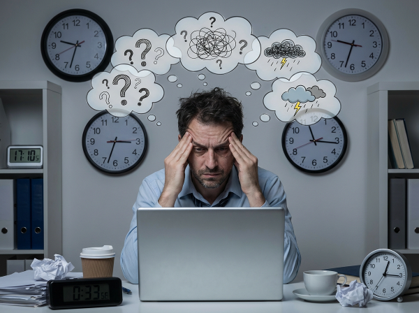 Un psicólogo, con expresión de cansancio, frente a su computadora en un entorno de trabajo remoto, mostrando signos visibles de agotamiento y estrés crónico.