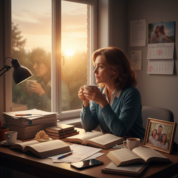 Una psicóloga agotada reflexiona al final del día, rodeada por las demandas de su trabajo y las responsabilidades como cuidadora familiar.