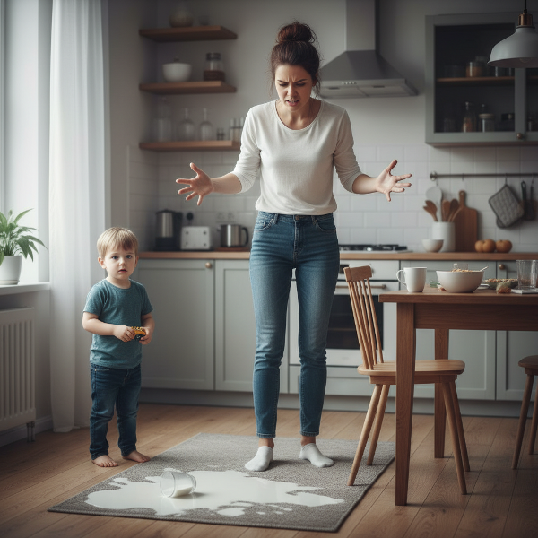 Una mujer profesional, visiblemente agotada y frustrada, en un momento de tensión doméstica con su hijo, reflejando el conflicto interno descrito.