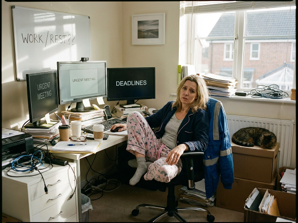 Una mujer agotada trabajando desde casa, rodeada de tecnología, simbolizando la necesidad de límites y autocuidado.