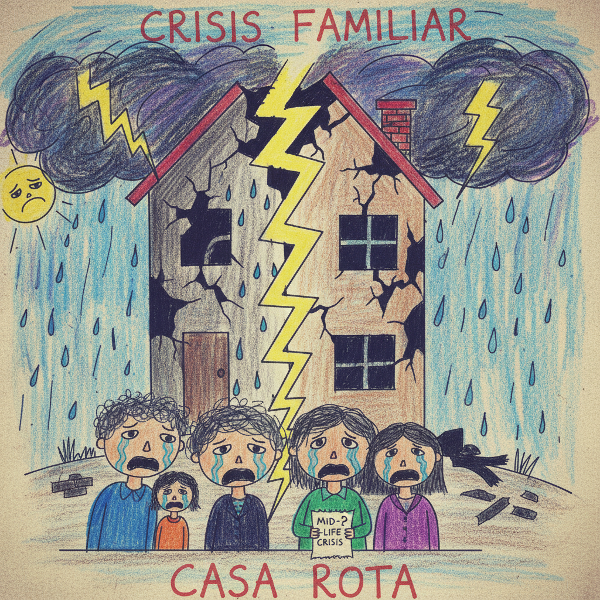 Una casa dibujada por una niña, partida por un rayo, con figuras de una familia separada al fondo y nubes grises que reflejan una tormenta emocional.