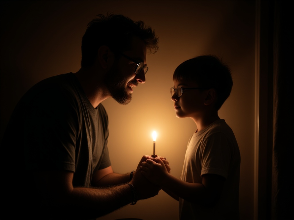 Un padre y su hijo adoptivo comparten un momento tranquilo de conexión, con una luz suave que simboliza la esperanza rompiendo la distancia emocional.