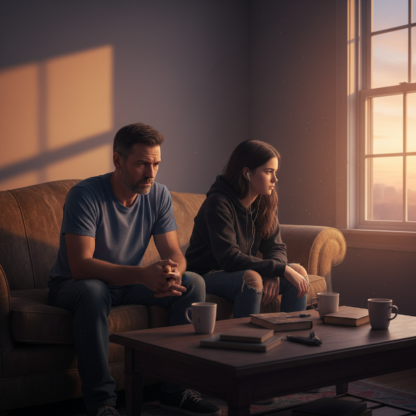 Un padre y su hija adolescente en un momento de silencio tenso, mostrando la distancia emocional tras el divorcio familiar.